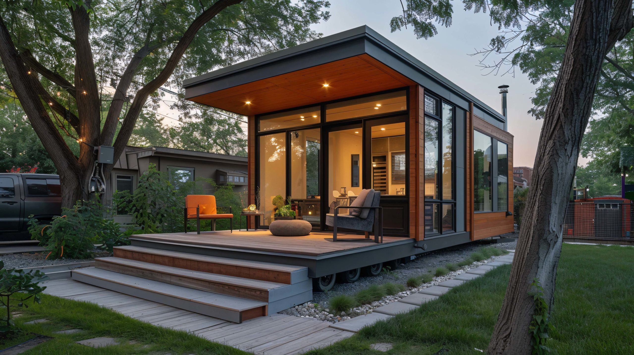 Modern minimalist tiny house nestled in an urban backyard, featu